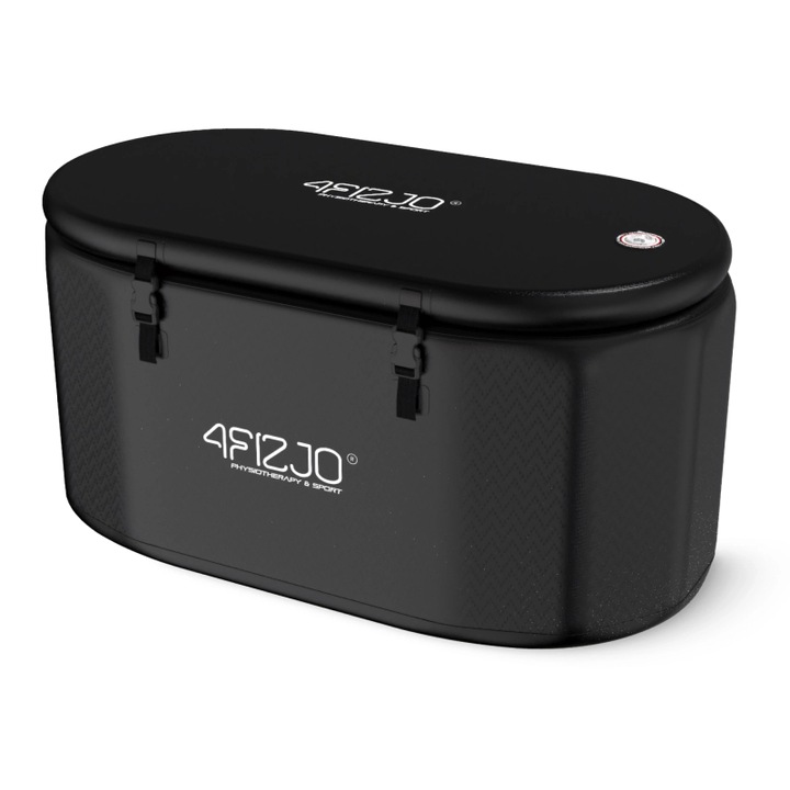 Cada gonflabila pentru bai cu gheata, 4FIZJO, material drop-stitch, forma ovala, ideala pentru crioterapie, regenerare si relaxare acasa sau in aer liber, capacitate 440 l, grosime 8 cm, dimensiuni 150×80×75 cm, geanta transport, kit reparatii, negru