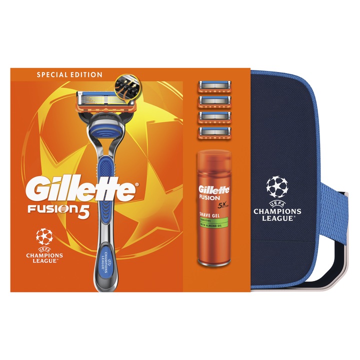 Комплект UEFA Champions League Special Edition Gillette Fusion5: Самобръсначка, дръжка + 3 ножчета, Гел за бръснене Sensitive с бадемово масло, 200 мл