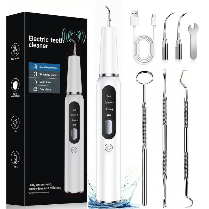 Aparat eliminare tartru si curatarea dintilor ultrasonic, 3 Moduri de Lucru, Baterie 600mAh, Lumina LED, Rezistent la Apa, Cablu USB, 2 000 000 Vibratii pe minut, Alb