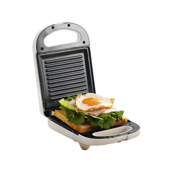 Sandwich-maker, electric, Plite neaderente si versatile pentru sandwich-uri, panini, Paine prajita, friptura de branza，Leduri indicatoare, Sistem de blocare rapida, Comutator pornit/oprit, Usor de curatat, incalzire rapida, 21.5x15.3x10.5cm，Alb