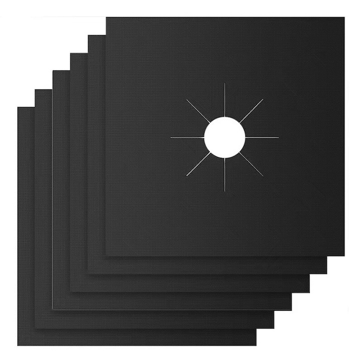 Комплект от 12 защитни фолиа за готварска печка и котлони, универсални, от PTFE тефлон, за многократна употреба, миещи се, топлоустойчиви, незалепващи, 27x27 см, черни