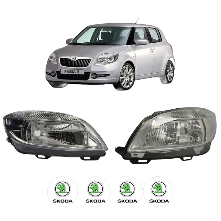 Set Faruri Stanga Dreapta Fata SKODA FABIA II (542) din 2006-2014, Auto, TYC, 4x Stickere auto cu SKODA