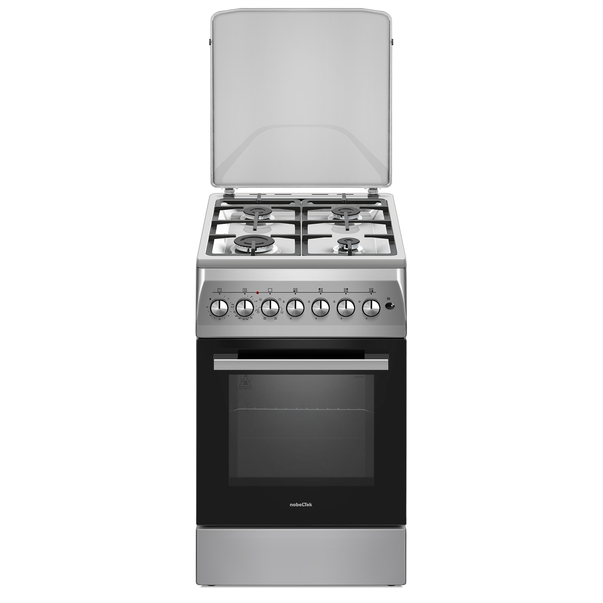 Aragaz Nobeltek NLT 5604IX/FE1, plita gaz si cuptor electric, aprindere electrica plita, gratare fonta, iluminare cuptor, timer, echipat cu diuze GN, diuze GPL de schimb, capac tabla, Argintiu
