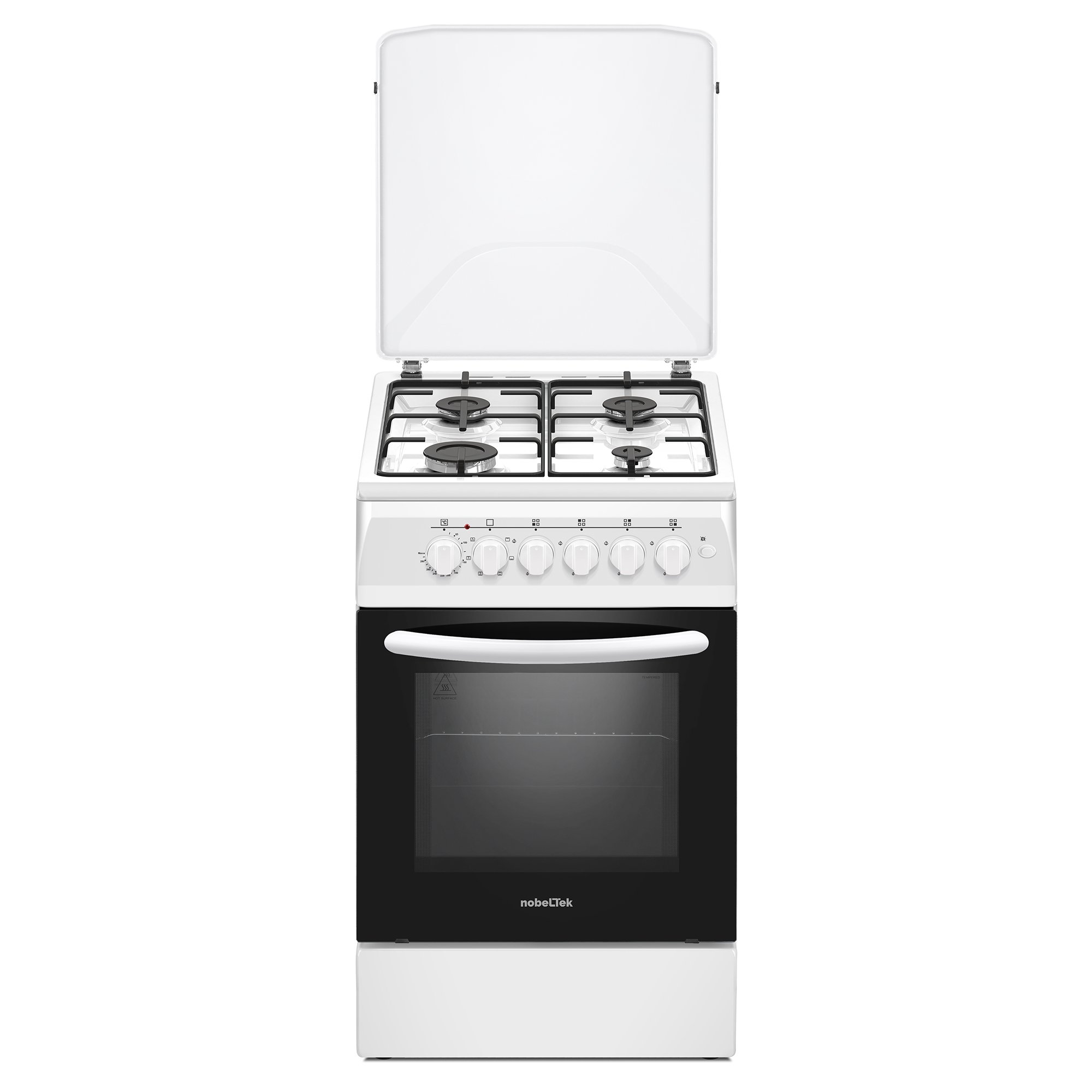 Aragaz Nobeltek NLT 5604A/E1, plita gaz si cuptor electric, ventilator, aprindere electrica plita, siguranta plita, iluminare cuptor, echipat cu diuze GN, diuze GPL de schimb, capac tabla, Alb