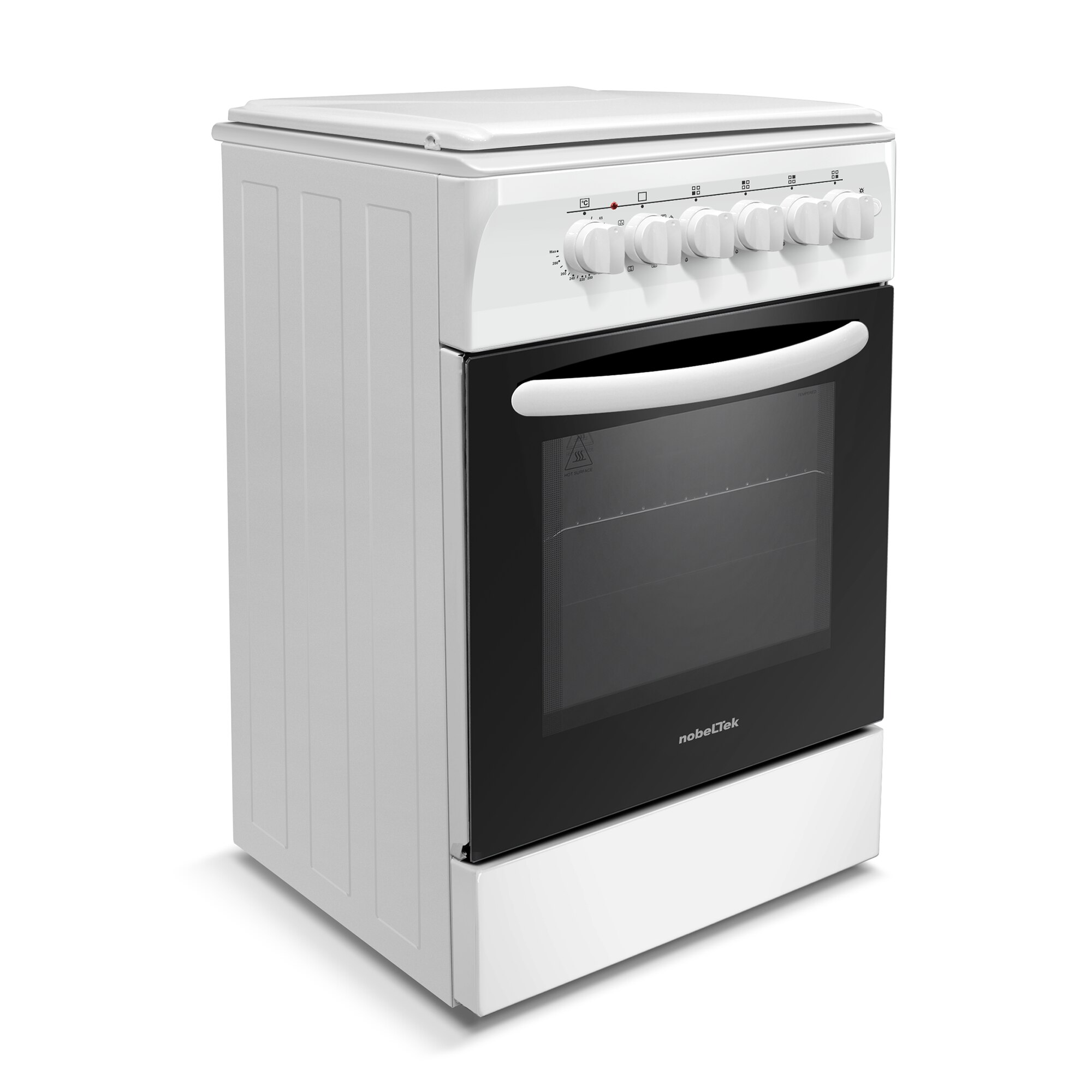 Aragaz Nobeltek NLT 5604A/E1, plita gaz si cuptor electric, ventilator, aprindere electrica plita, siguranta plita, iluminare cuptor, echipat cu diuze GN, diuze GPL de schimb, capac tabla, Alb