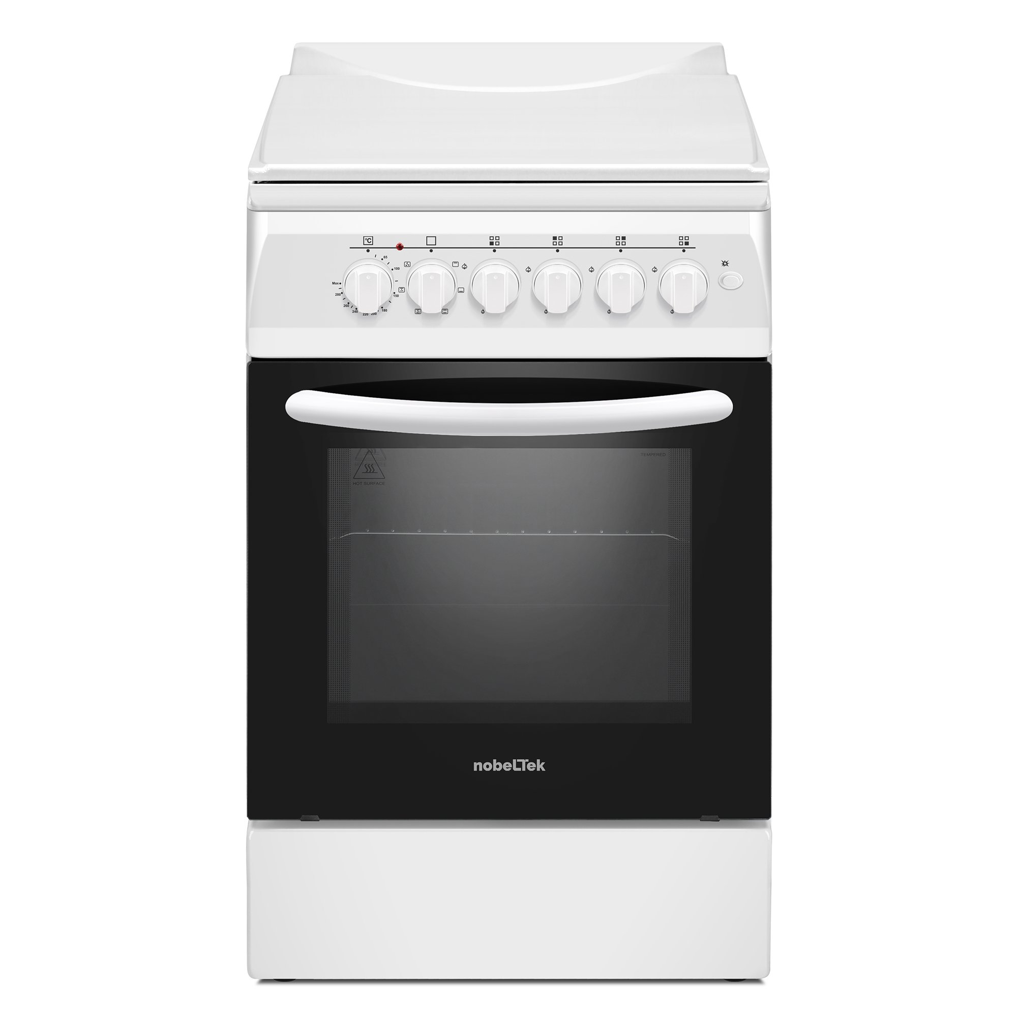 Aragaz Nobeltek NLT 5604A/E1, plita gaz si cuptor electric, ventilator, aprindere electrica plita, siguranta plita, iluminare cuptor, echipat cu diuze GN, diuze GPL de schimb, capac tabla, Alb
