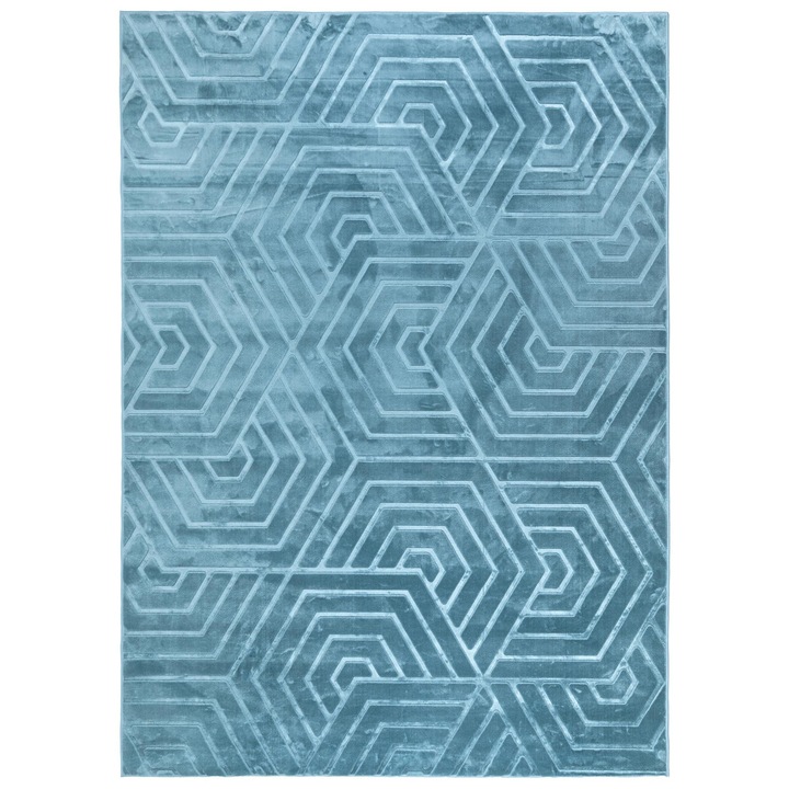 Covor Pentru Camera De Zi, e-floor, Glamour, 200 x 300 cm, Albastru, Geometric, Efect 3D, Fire Pe Doua Niveluri, Moale, Cu Un Luciu Subtil, Certificat Oeko-Tex, Compatibil Cu Incalzirea Prin Pardoseala, Fir Scurt, Usor De Curatat, Dreptunghi, Poliester