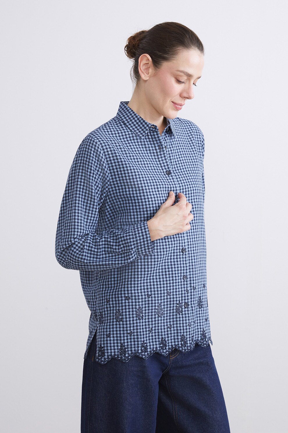 LC WAIKIKI, Camasa lejera cu model in carouri si broderie la terminatie, Albastru, 44