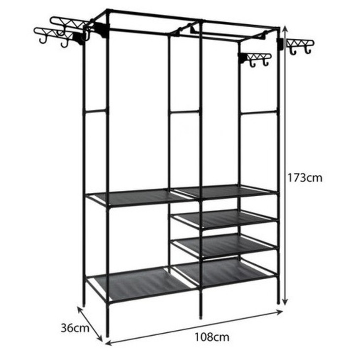 Cuier, Ruhhy XXL, 6 Rafturi, 8 Umerase, Negru, 173x36x108cm