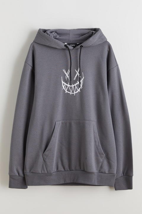 LC WAIKIKI, Hanorac cu imprimeu pe partea din spate si buzunar kangaroo, Gri inchis, S