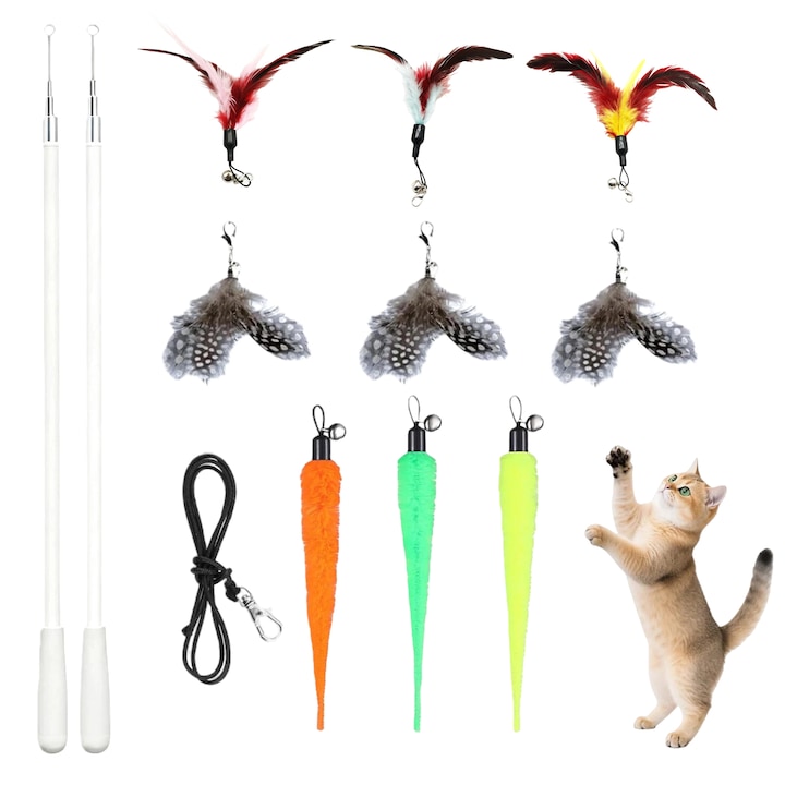 Set 12 jucarii interactive pentru pisici, Omelivon, 2 bete extensibile, 1 franghie, 9 accesorii cu pene naturale, Teaser interactiv Catcher si exercitiu amuzant, Retractabil 4 sectiuni, 180cm