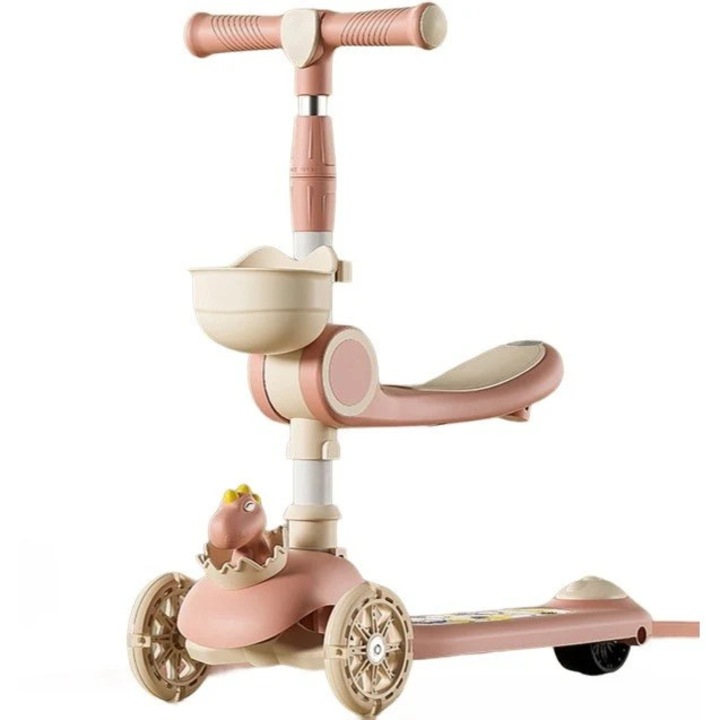 Многофункционална тротинетка 3 в 1, за деца, 1-5 години, със светлини и музика, регулируема на 360 градуса, лесно сгъване, регулиране на височината, модел динозавър, бял/розов