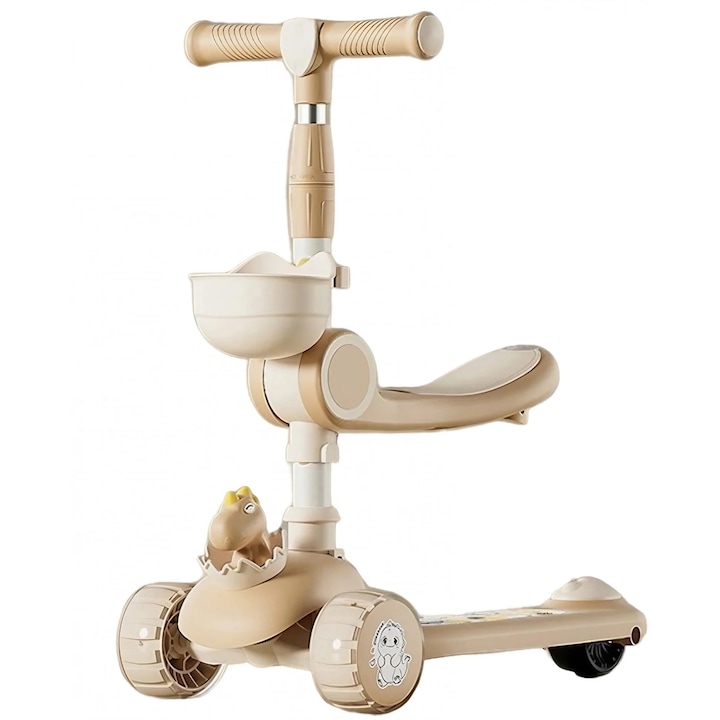 Többfunkciós 3 az 1-ben roller, gyermekeknek, 1-5 éves korig, fényekkel és zenével, 360°-ban állítható, könnyű összecsukás, magasságállítás, dinoszaurusz modell, fehér/bézs