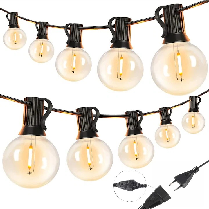 LED светеща гирлянда за закрито/открито, 15м, 50 крушки G40 + 2 резервни, топло бяло, разтегателна