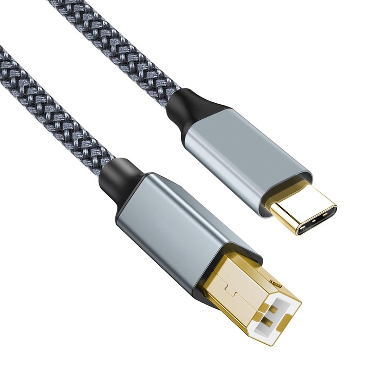 Cablu USB-C la USB-B 3M, Nylon, Gri-Albastru, set pentru imprimante şi dispozitive MIDI