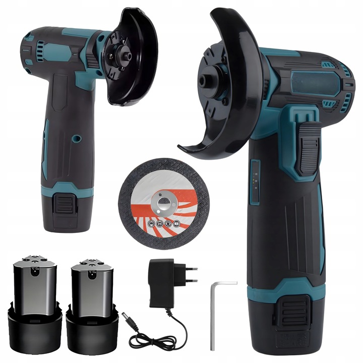 Mini polizor unghiular cu 2 acumulatori, Zola, fara perii, 12V, 19.500 RPM, 1200 mAh, M5, disc 76 mm, arbore 10 mm, negru