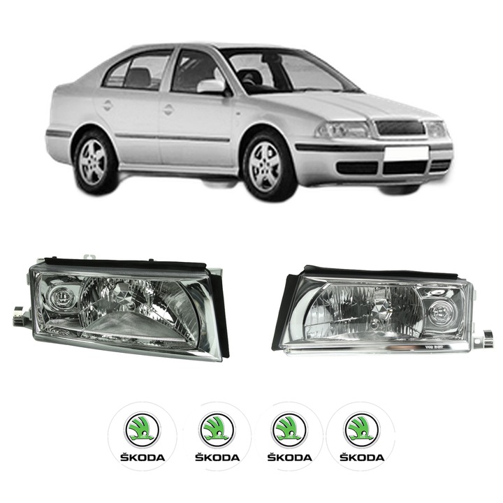 Set Faruri Stanga Dreapta Fata SKODA OCTAVIA I (1U2) din 1996-2010, Auto, TYC, 4x Stickere auto cu SKODA