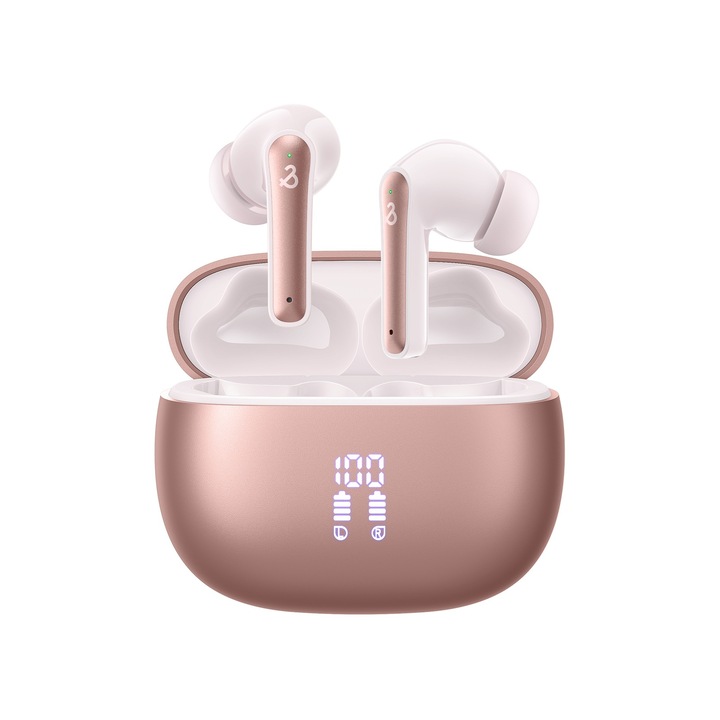 Bluvista vezeték nélküli fülhallgató, zajszűréssel, In-ear, Digitális kijelző, Bluetooth 5.4, 42 órás Bluetooth üzemidő, HD audio mikrofon, Érintésvezérlés, 45 ms vezeték nélküli válaszidő, IPX4, Sport, Univerzális, Rózsaszín