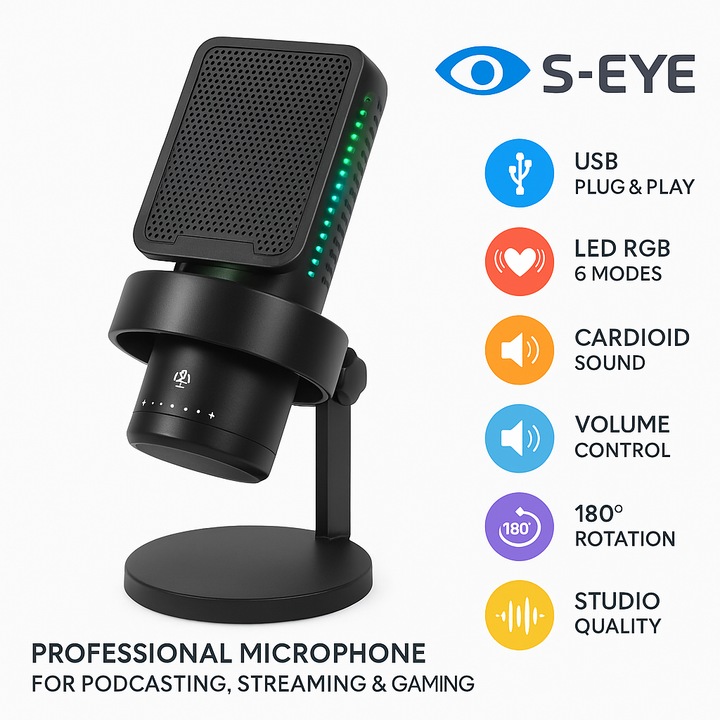 Microfon Profesional S-Eye USB cu LED RGB si Rotire 180° – Sunet Clar pentru Podcast si Gaming