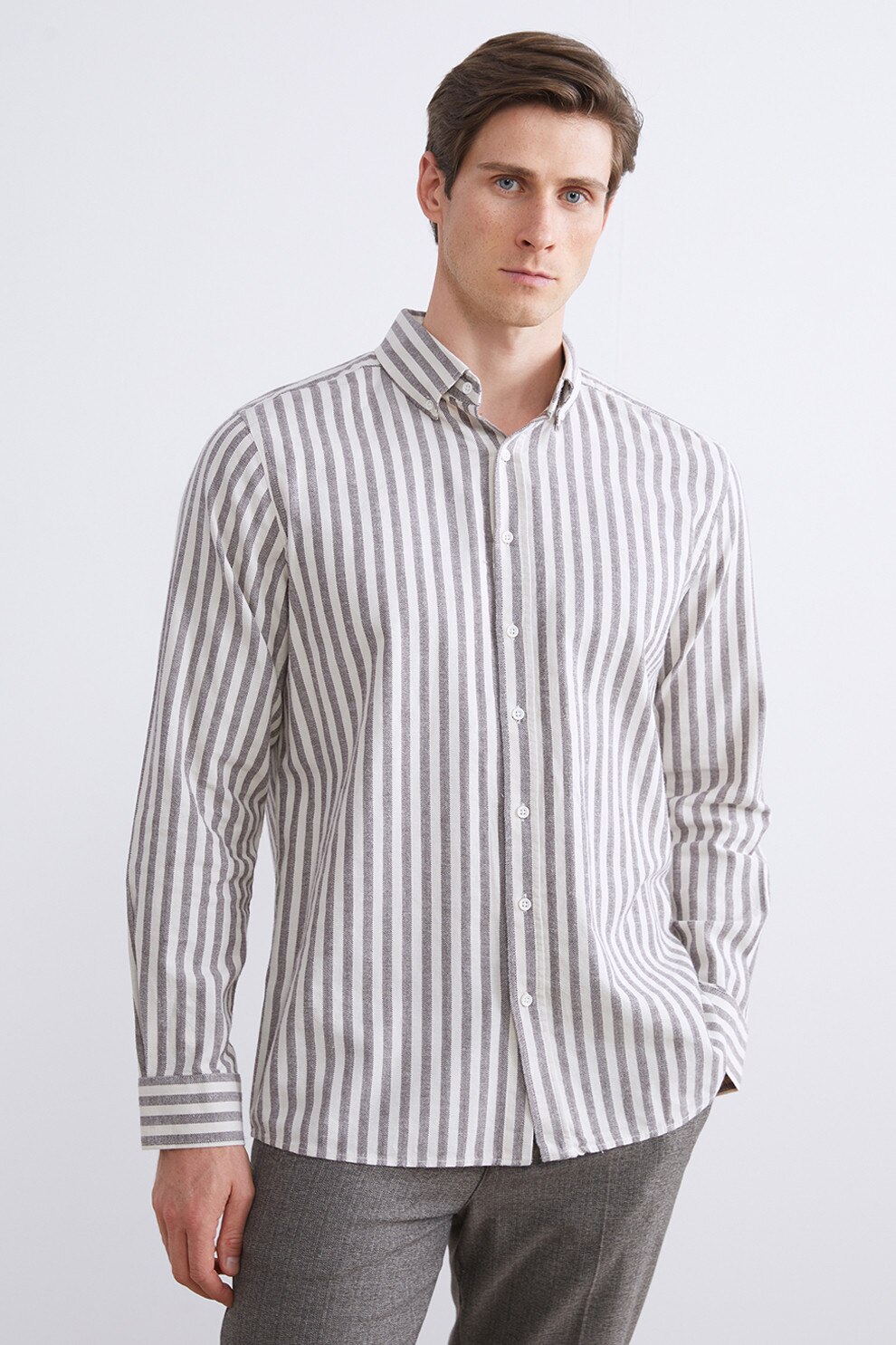 LC WAIKIKI, Camasa Oxford cu model in dungi, Alb murdar, Gri inchis, L