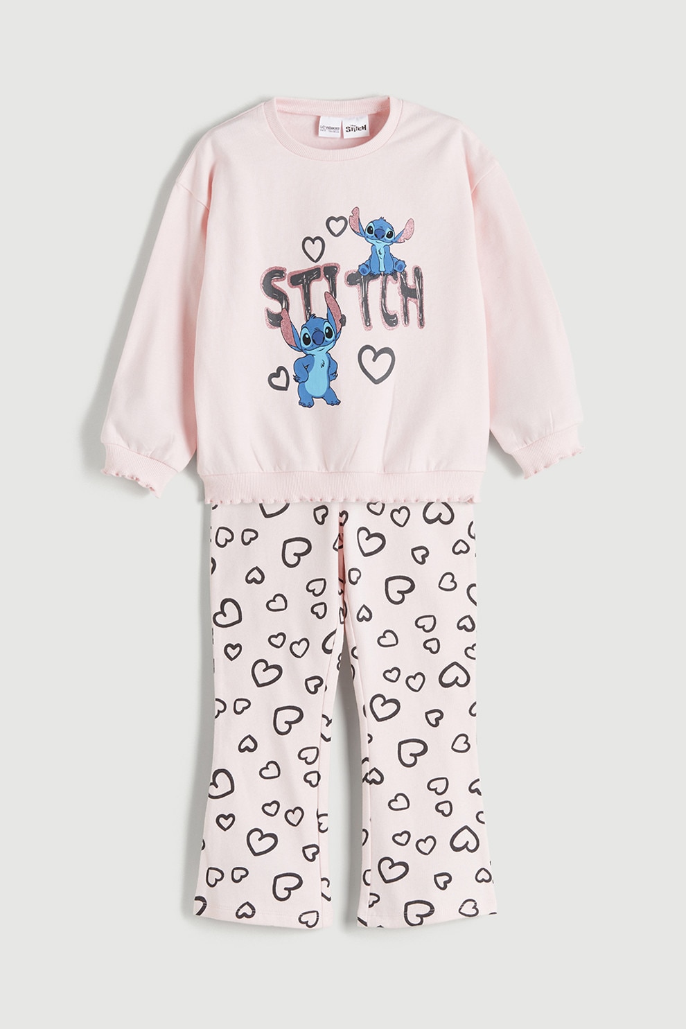 LC WAIKIKI, Set de bluza de trening lejera cu imprimeu cu Stitch si pantaloni cu croiala bootcut - 2 piese, Negru stins, Roz pal, 92-98 CM