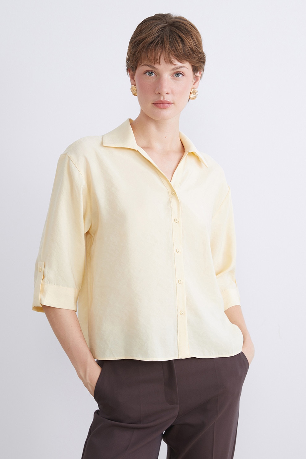 LC WAIKIKI, Camasa din amestec de modal cu maneci medii, Galben pal, 40
