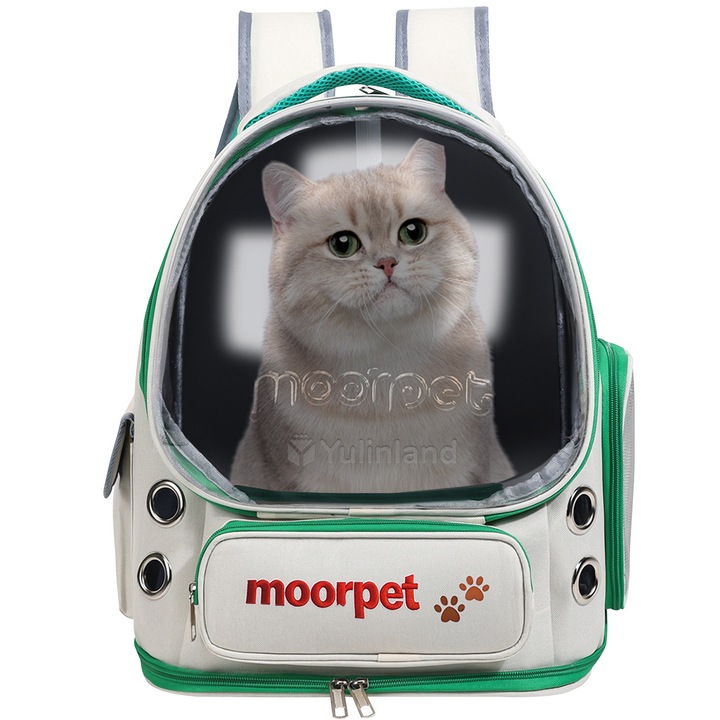 Раница за котки с прозорец тип балон, Yulinland®, многофункционална, 10 големи вентилационни отвора, сгъваема, дишаща мрежа, максимално тегло 9 кг, зелена