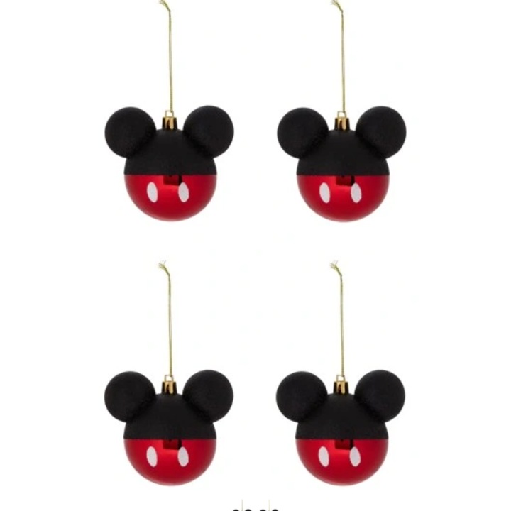 Set 4 Ornamente de Brad Pom Globuri de Craciun Disney pentru Copii, Mickey Mouse 4 buc, ROSU si NEGRU, 8 cm