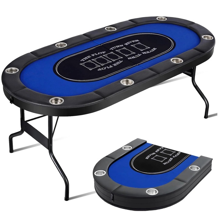 Masa de Poker Pliabila TimeBox – 8 Jucatori, Suport Pahare Integrat, Piele Moale & Margini Din Burete, Cadru Metalic Stabil, Portabila, Design Profesional Texas Hold’em, 180x90cm, Albastru