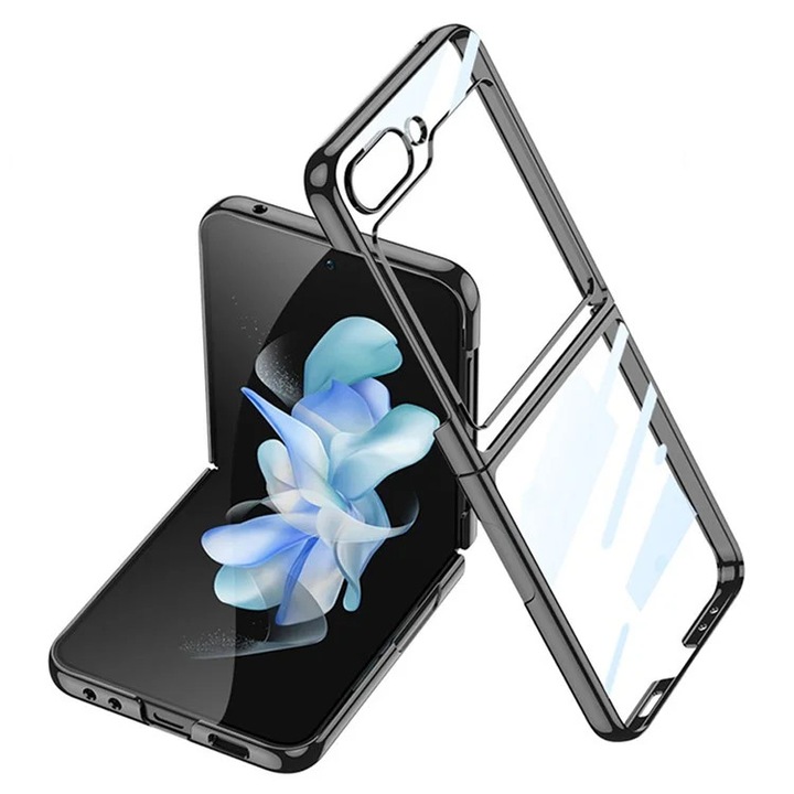 Husa Chrome pentru Samsung Galaxy Z Flip6, Plating Transparent, Silicon Ultra Subtire, BLACK Frame