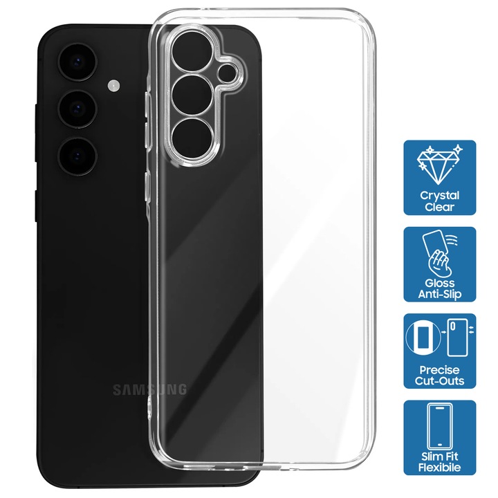 Husa pentru Samsung Galaxy S24 FE, din Silicon Gel, Flexi Slim, 2mm Clear, decupaje dedicate la camere, Transparenta