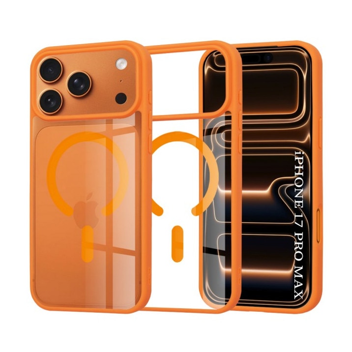 Husa Upzz® Magsafe Compatibila Cu iPhone 17 Pro, Spate Transparent, Rama Orange