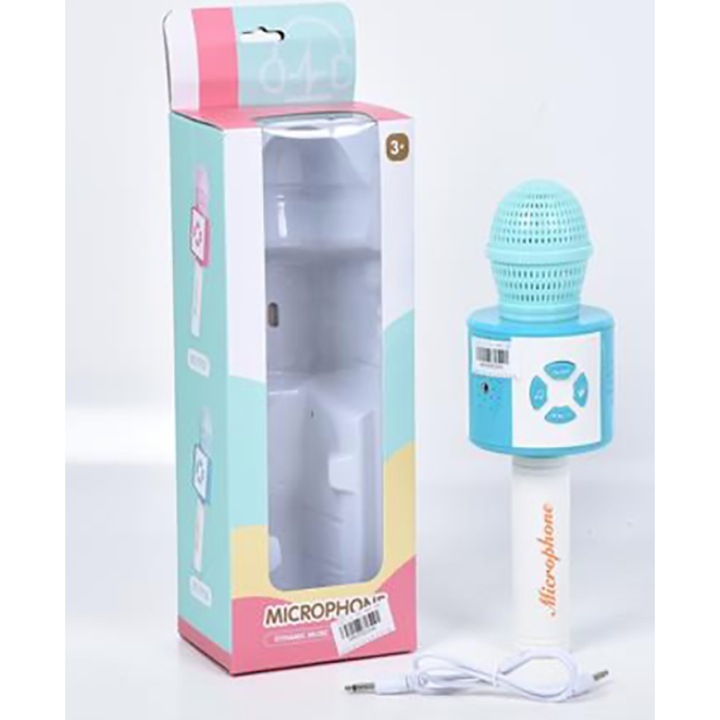 Microfon karaoke cu conexiune wireless si lumini, 31×10×9 cm, albastru