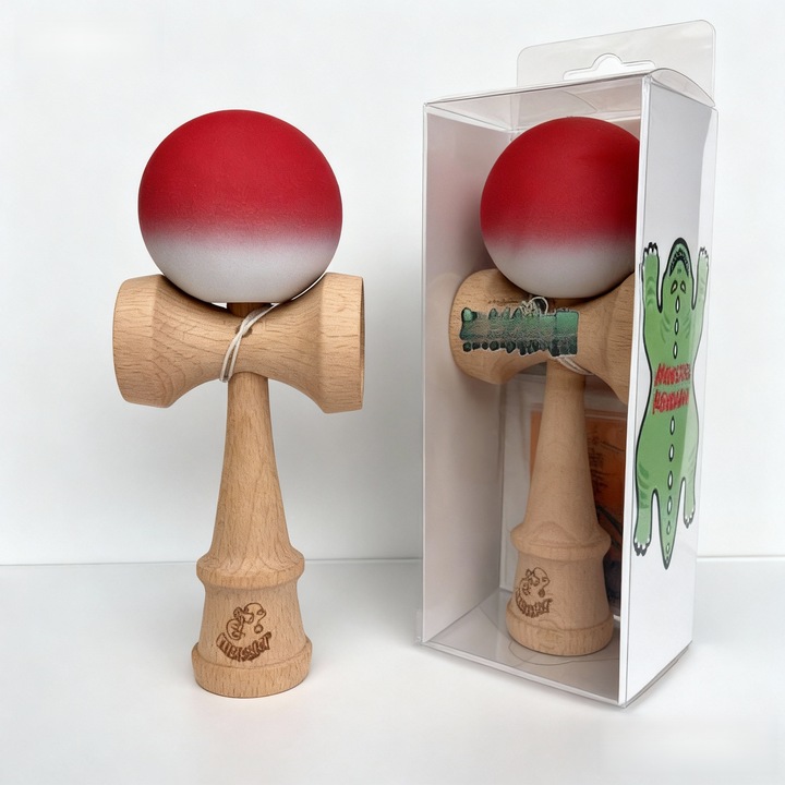Kendama profesionala, FomoX, lemn de fag, rosu si alb, vopsea cauciucata armata, cu cablu de rezerva si autocolante