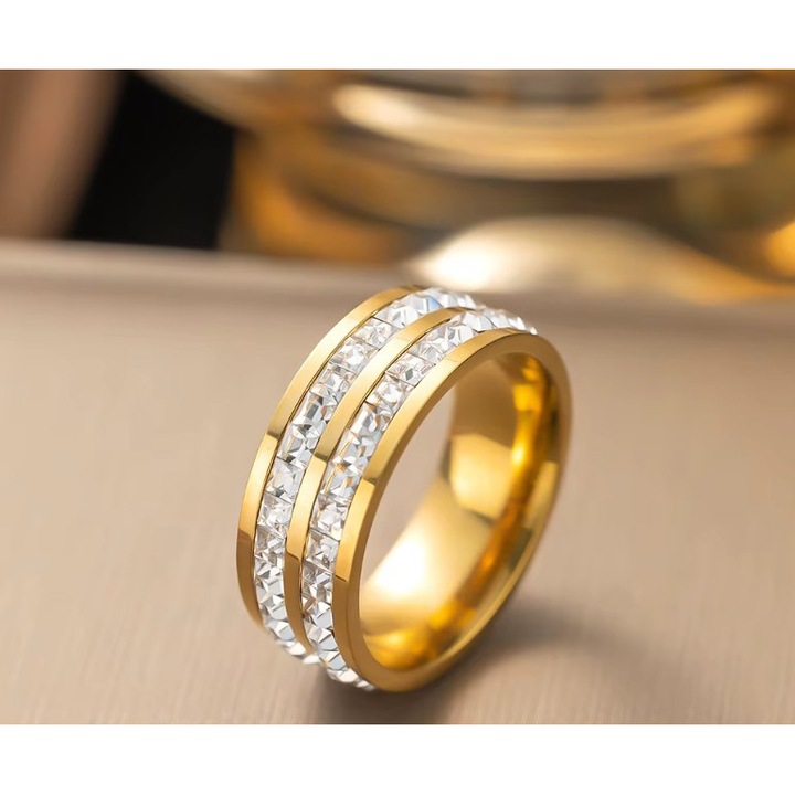 Inel Diamond Duo, Cristale de Zirconiu, Femei, Stainless-steel, Auriu