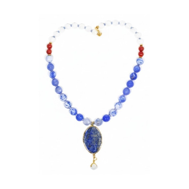Colier Lapis Lazuli, agate, jad, coral, cu pandantiv 45/6cm