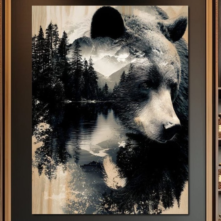 Tablou Canvas Premium, LuxCanva® M1487, Strajerul Padurii, 90 X 120 CM, Panza Bumbac 100% 400g/m2, Sasiu Lemn, Urs, Salbaticie, Animal, Padure, Peisaj, Natura, Munti, Ape, Dormitor, Birou, Living, Camera Copil