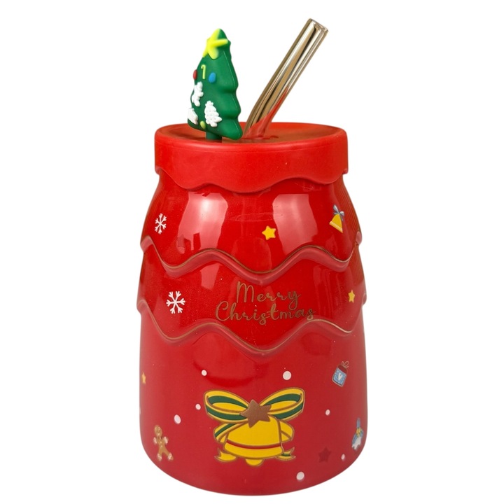 Коледна чаша „Весела Коледа“ червена със зелен капак и лъжичка бастунче, 400 мл