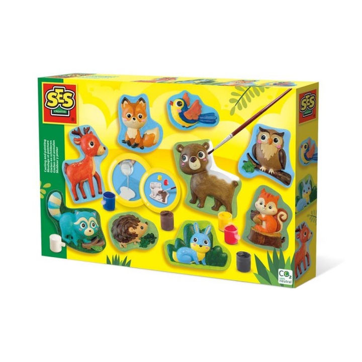 Set creativ de artizanat SES, figurine animale din ipsos, mulaj, 6 culori acuarelă, 30x20x4cm