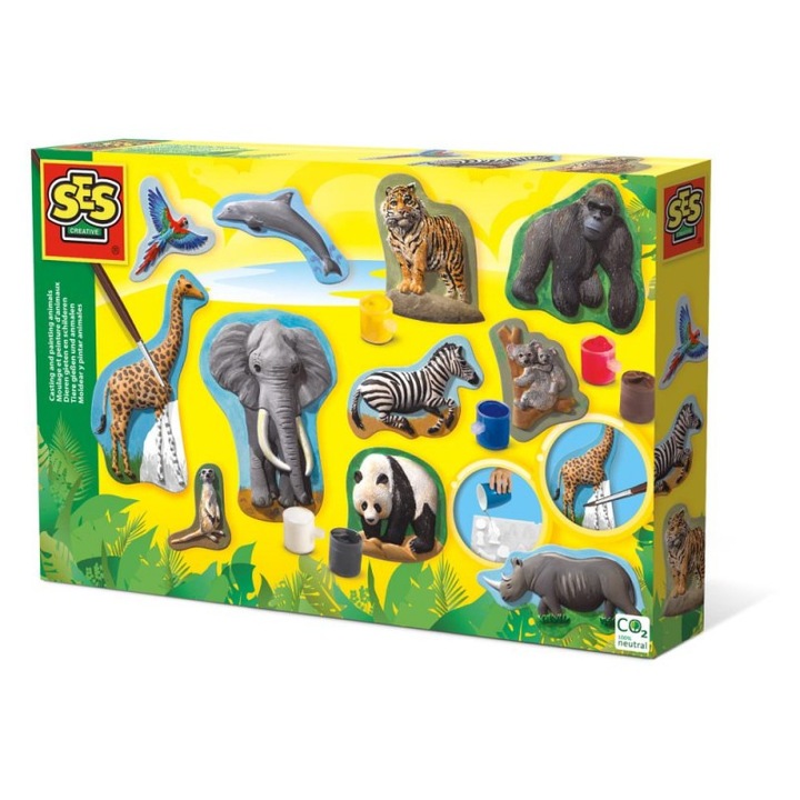 Set creativ SES pentru copii, figurine animale din ipsos, 11 animale din jungla, 30x20x4cm