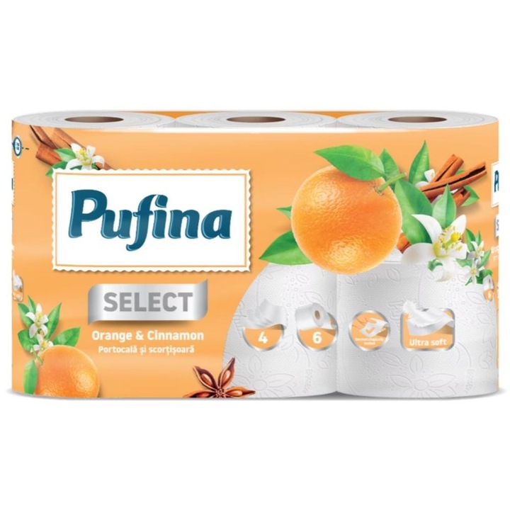 Set 2 x Hartie Igienica Pufina, 4 Straturi, Parfum de Portocala si Scortisoara, 6 Role