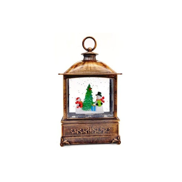 Felinar luminat de Craciun, Mos Craciun, bradut, muzical, ventilator zapada, LED, cadou, decoratiune pentru casa, maro