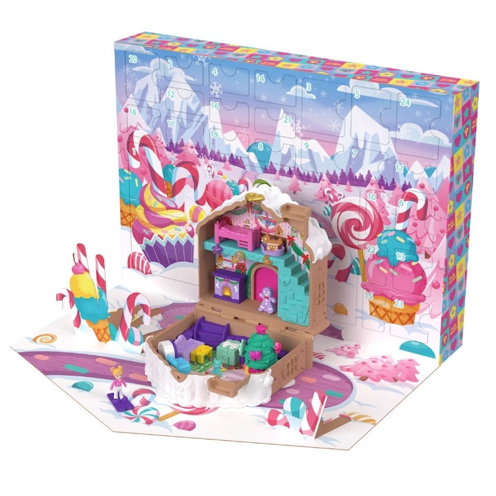 Set Calendar Advent, Polly Pocket, 4 Ani, Ideea perfecta pentru cadou, multa distractie, Multicolor, 10 x 10 x 10 cm, 24 Piese