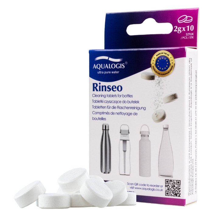 Aqualogis Rinseo – pastile de curatare pentru sticle reutilizabile, termosuri si cani, indeparteaza depunerile si mirosurile neplacute, curatare rapida si eficienta, utilizare usoara acasa sau in calatorii
