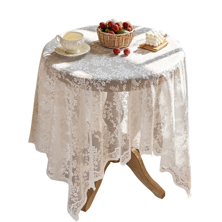 Fata de masa din dantela alba, 140x180cm, design elegant, set pentru decorare interioara