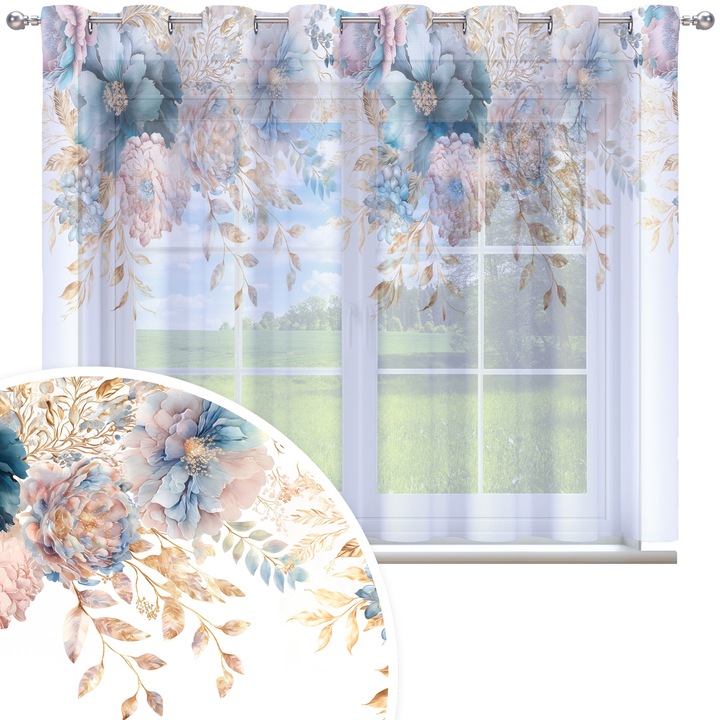 Perdea, Homeview, 300x150 cm, Multicolor, Pentru camera de zi si dormitor, Cu inele, Decorativ, Montaj usor, Poliester, Alb cu imprimeu, model 150