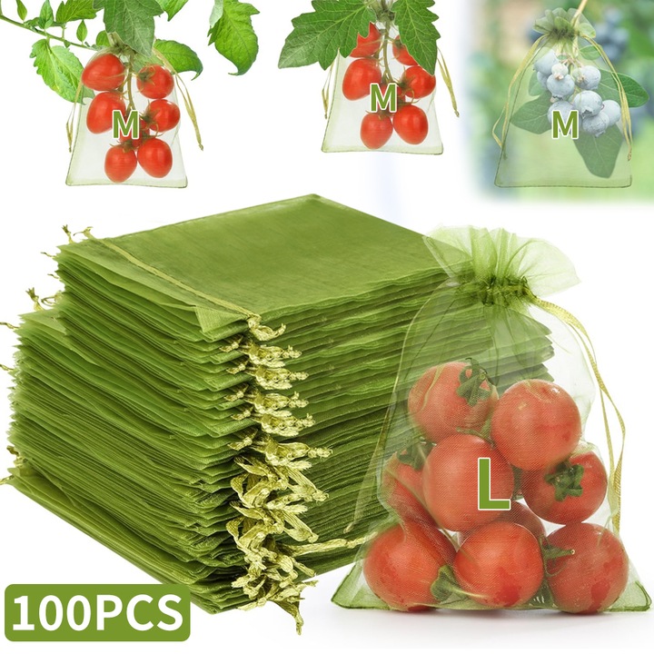 Set 100 de bucati saci de protectie pentru fructe, Tressino, Reutilizabile, Protejati legumele si fructele, Impotriva pasarilor si insectelor, Doua dimensiuni(30x20cm, 15x20cm), Verde