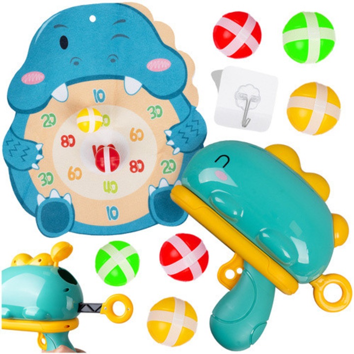 Joc interactiv Tir cu Tinta Dinozaur, Ayawaska, pistol ergonomic, set cu 6 mingi, multicolor, 27.5x30cm