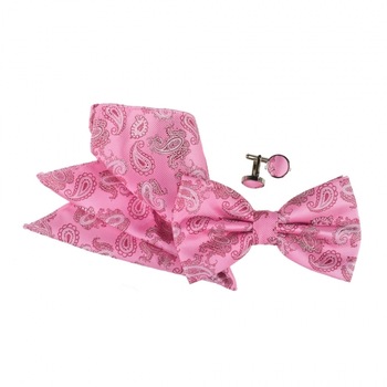 Set papion batista butoni roz, Onore, imprimeu paisley alb Set papion batista butoni roz, Onore, imprimeu paisley alb