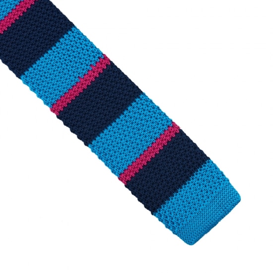 Cravata tricotata, Onore, microfibra, bleu, 145 x 5.5 cm, imprimeu liniar bleumarin si roz